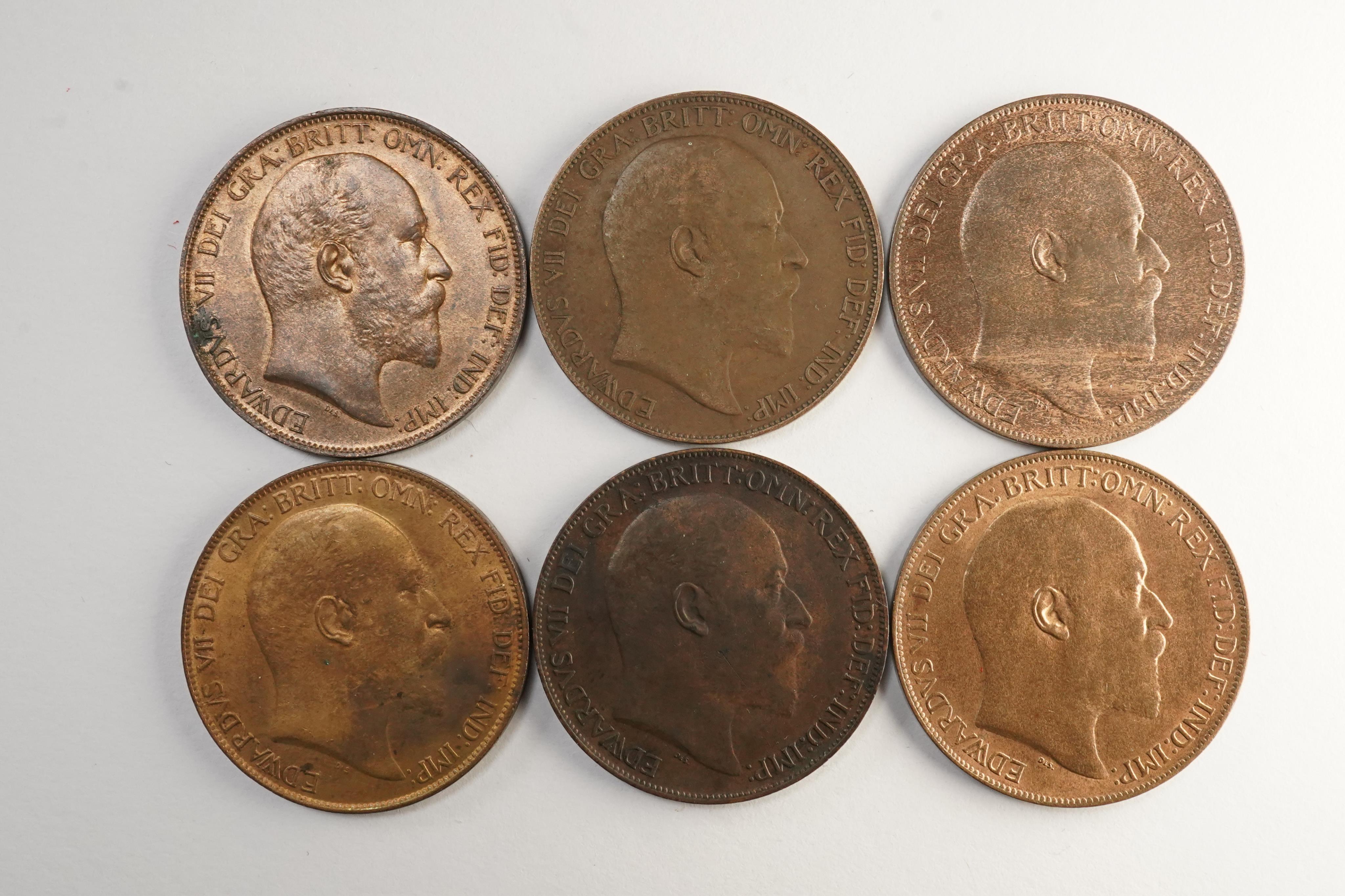 British coins, Edward VII, six bronze pennies;, 1903, about EF, lustre, 1904, VF, lustre, 1905, good fine, dark toned, two 1908, both VF, one dark toned the other lustrous, 1909, about VF, toning and lustre